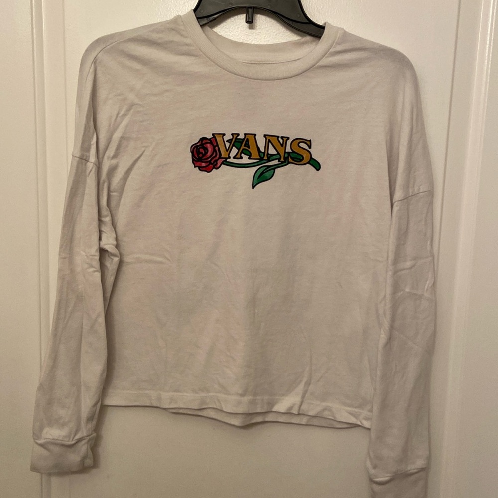 White Vans, long sleeve shirt. Vans design and rose on front and back. Jr small.